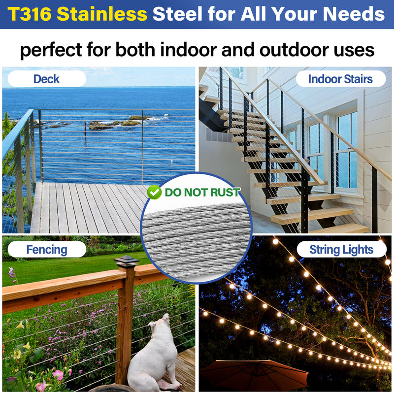 Load image into Gallery viewer, Fulifix 1/8" Stainless Steel Cable, 1,000 ft T316 Railing Wire Rope, 1,950 lb Breaking Strength, 7 x 7 Strands, Cable Railing with Cutter, Model GS