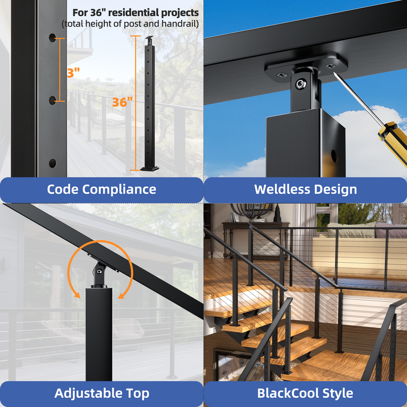 Load image into Gallery viewer, Fulifix Cable Railing Level Post, 36"x2"x2" Pre-Drilled, Adjustable Top, T316 Stainless Steel Black Post for Deck Railing System, SP01