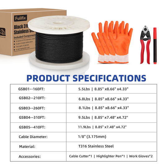 Fulifix Cable Railing for Decks, 310FT 1/8 inch 7x7 Strands Smooth Matte Black T316 Stainless Steel Wire with Cutter for Cable Railing Systems