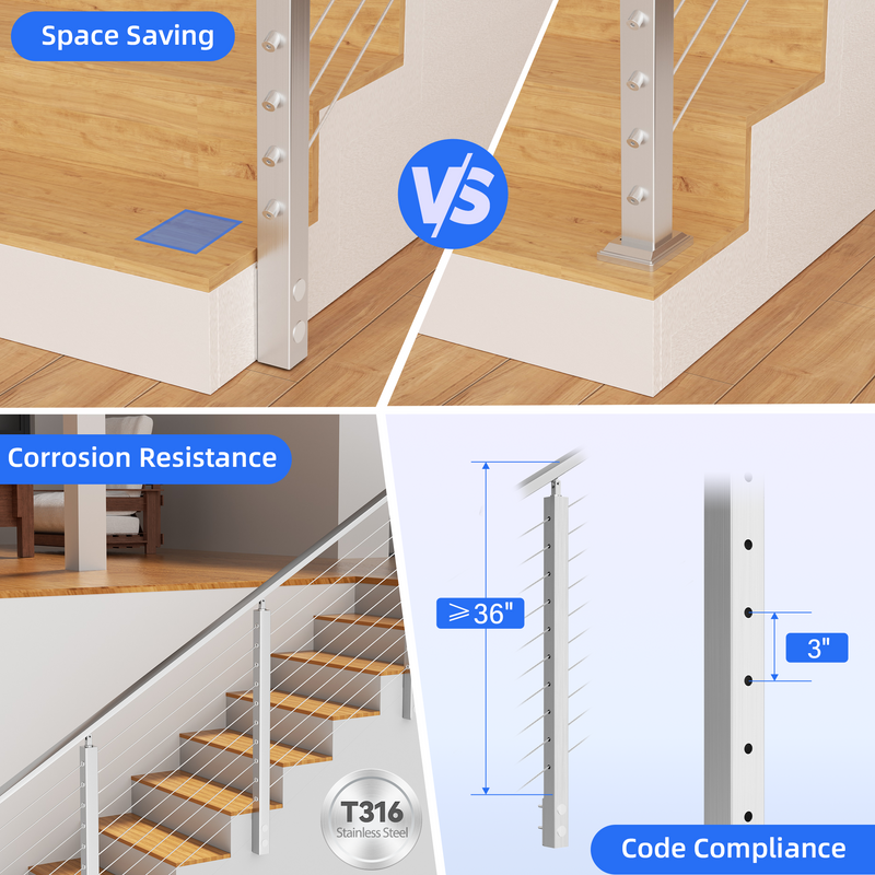 Load image into Gallery viewer, Fulifix Cable Railing Post, Side Mount Stair Post for Right-Side Upstairs, 38" x 2" x 2", T316 SS Railing Posts for Staircase, Model SP05