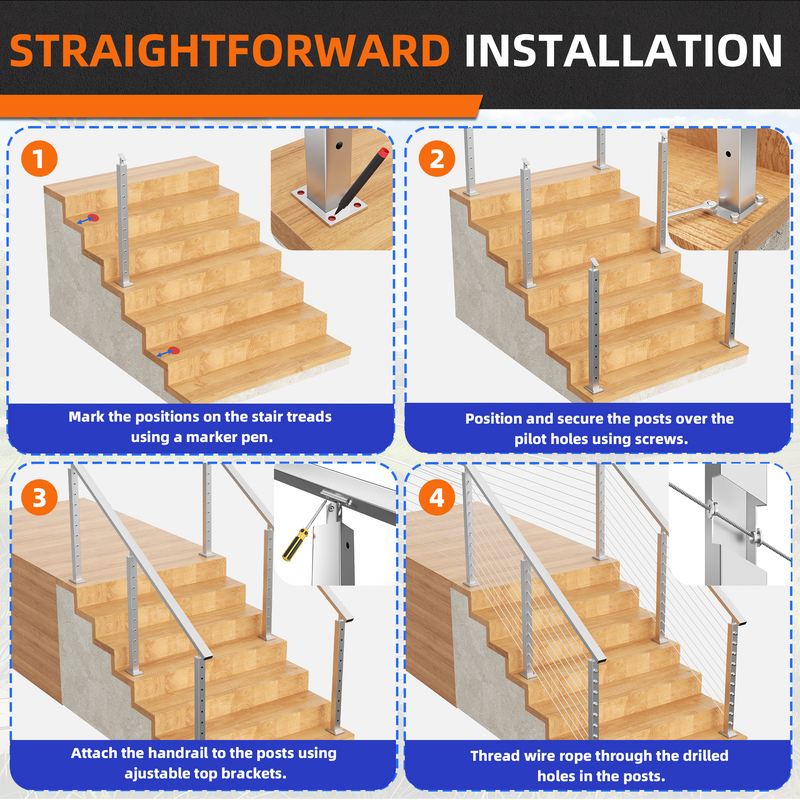 Load image into Gallery viewer, Fulifix Cable Railing Post, 4 Pack Railing Stair Post, 36" x 2" x 2", Adjustable Top Mount, T316 SS Railing Post for Staircase, Model SP03