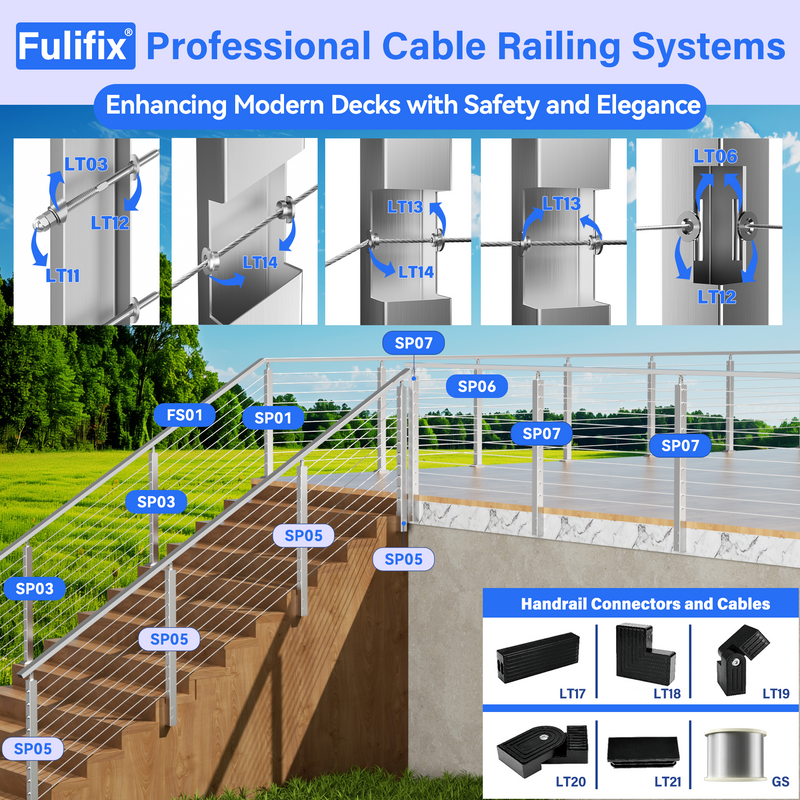 Load image into Gallery viewer, Fulifix Cable Railing Post, Side Mount Stair Post for Right-Side Upstairs, 38" x 2" x 2", T316 SS Railing Posts for Staircase, Model SP05