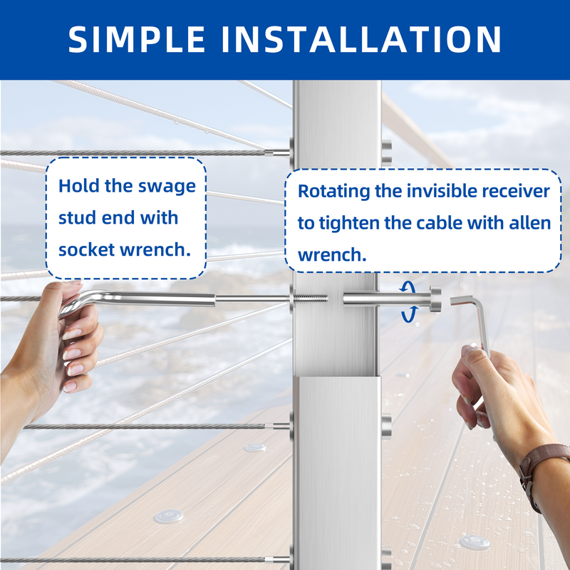 Load image into Gallery viewer, Fulifix 1/8" Cable Railing Tensioner, 10 Pairs Invisible Cable Railing Kit, T316 SS Swage Railing for 2" x 2" 4" x 4" Wood Metal Posts, Model LT02