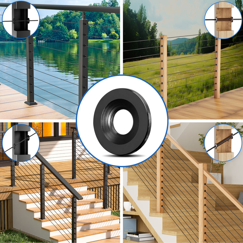 Load image into Gallery viewer, Fulifix Cable Railing Adhesive Grommet, 20Pack Black Protector Sleeves for 1/8" to 3/16" Wire Rope, T316 SS Hardware for Wood Metal Post, LT12