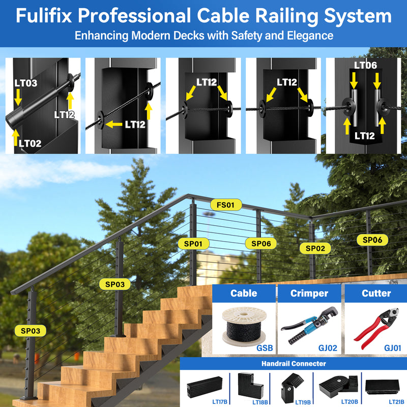 Load image into Gallery viewer, Fulifix Cable Railing Adhesive Grommet, 20Pack Black Protector Sleeves for 1/8" to 3/16" Wire Rope, T316 SS Hardware for Wood Metal Post, LT12