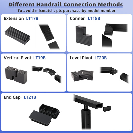 Fulifix Flat Handrail Accessories Corner Connector, 2Pack Black High Strength POM Deck Cable Railing Fitting for Level Corner Metal Handrails, LT18B