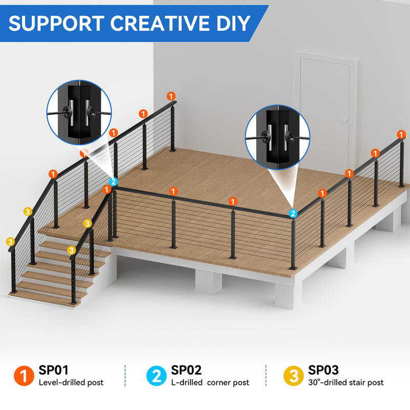 Load image into Gallery viewer, Fulifix Cable Railing Corner Post, 36"x2"x2", L-Shaped Pre-Drilled, T316 Stainless Steel Black Level One-Post Corner for Deck Railing System, SP02