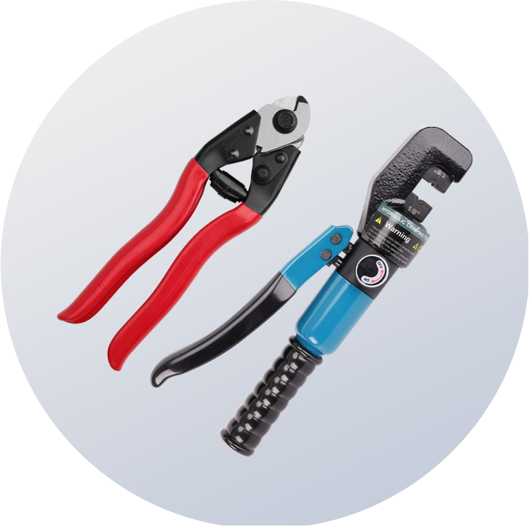 cable cutter and hydraulic crimper for railing