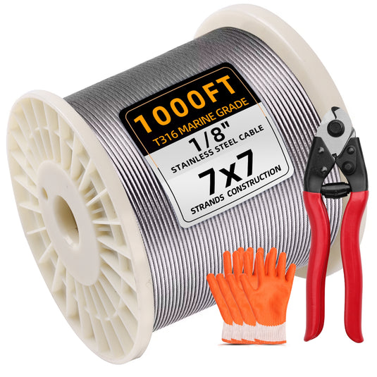 Fulifix 1/8" Stainless Steel Cable, 1,000 ft T316 Railing Wire Rope, 1,950 lb Breaking Strength, 7 x 7 Strands, Cable Railing with Cutter, Model GS