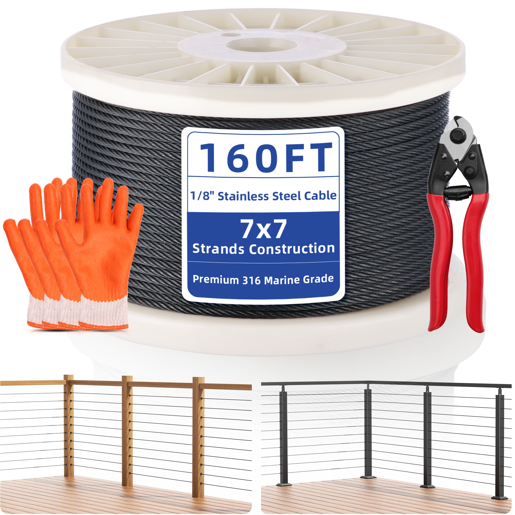 サイド、テール Fulifix 1/8'' T316 Stainless Steel Cable, 160FT Black 7x7 Strands Wire