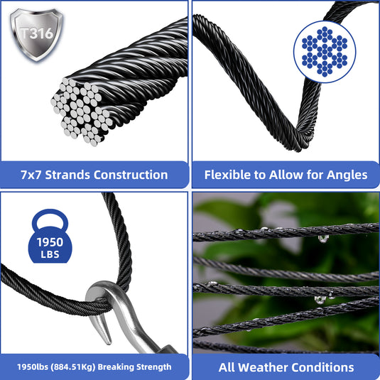 Fulifix 1/8'' T316 Stainless Steel Cable, 160FT Black 7x7 Strands Wire Rope with Cutter for Deck Cable Railing Systems, GS