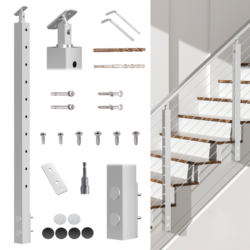 Load image into Gallery viewer, Fulifix Cable Railing Post, Side Mount Stair Post for Right-Side Upstairs, 38&quot; x 2&quot; x 2&quot;, T316 SS Railing Posts for Staircase, Model SP05
