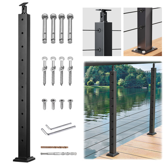 Fulifix Cable Railing Level Post, 36"x2"x2" Pre-Drilled, Adjustable Top, T316 Stainless Steel Black Post for Deck Railing System, SP01