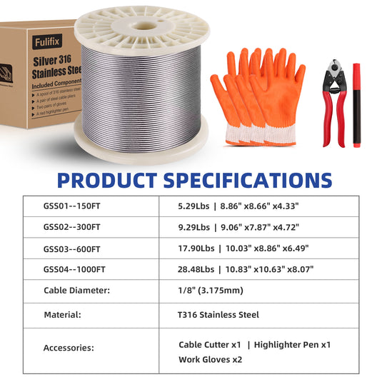 Fulifix 1/8" Stainless Steel Cable, 600 ft T316 Railing Wire Rope, 1,950 lb Breaking Strength, 7 x 7 Strands, Cable Railing with Cutter, Model GS