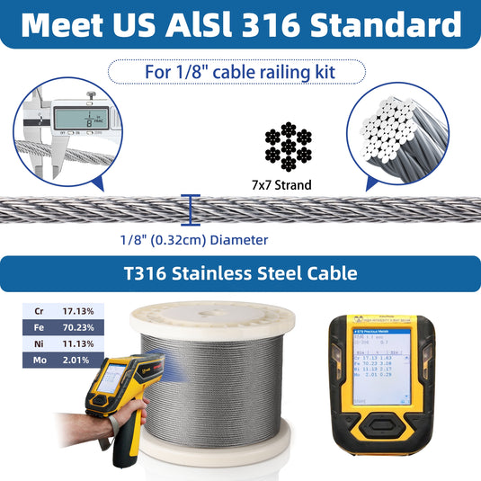 Fulifix 1/8" Stainless Steel Cable, 1,000 ft T316 Railing Wire Rope, 1,950 lb Breaking Strength, 7 x 7 Strands, Cable Railing with Cutter, Model GS