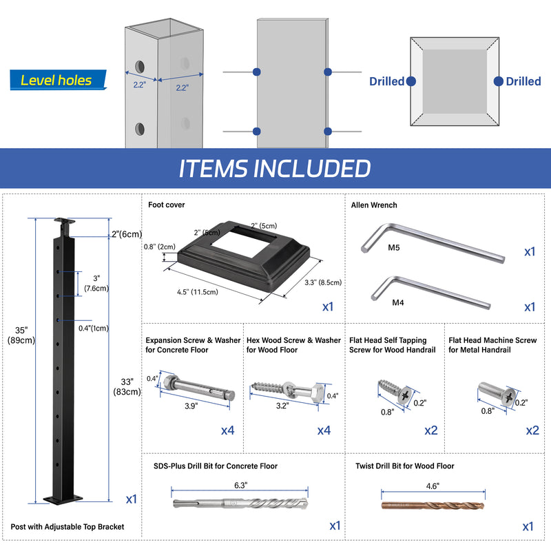 Load image into Gallery viewer, Fulifix Cable Railing Level Post, 36&quot;x2&quot;x2&quot; Pre-Drilled, Adjustable Top, T316 Stainless Steel Black Post for Deck Railing System, SP01
