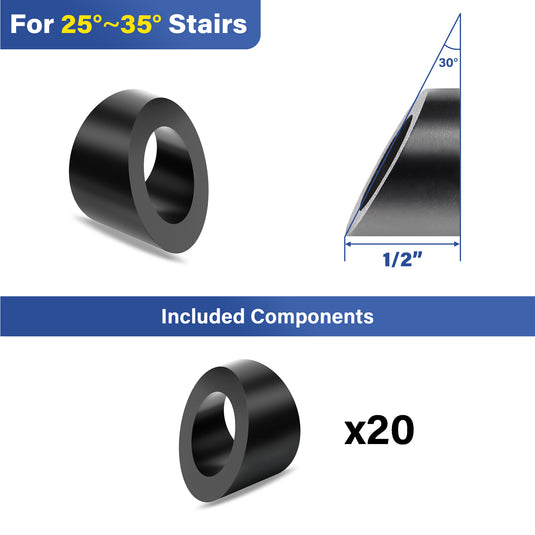 Fulifix Angle Beveled Washer for Cable Railing Stair Ends, 20Pack Black T316 Stainless Steel, 1/8" to 3/8" ID 30° Washer for Wood/Metal Post, LT03