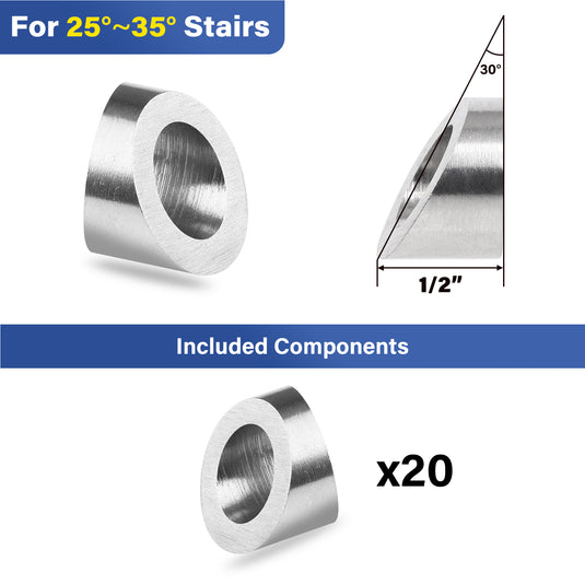 Fulifix Cable Railing Angled Washer, 20 Pack Angle Washer, 25 to 35 Degree, T316 SS Cable Railing Kits for 1/8