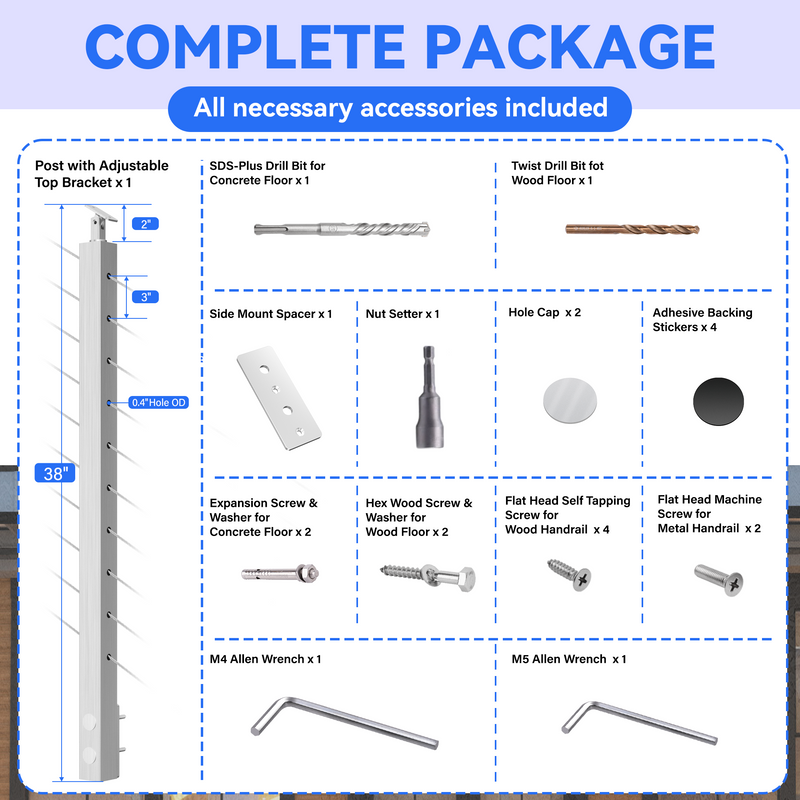 Load image into Gallery viewer, Fulifix Cable Railing Post, Side Mount Stair Post for Right-Side Upstairs, 38&quot; x 2&quot; x 2&quot;, T316 SS Railing Posts for Staircase, Model SP05
