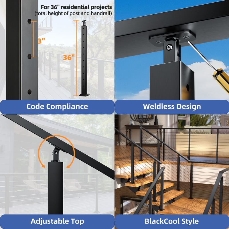 Load image into Gallery viewer, Fulifix Cable Railing Level Post, 36&quot;x2&quot;x2&quot; Pre-Drilled, Adjustable Top, T316 Stainless Steel Black Post for Deck Railing System, SP01
