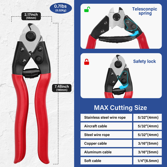 Fulifix Stainless Steel Cable Cutter, Metal Wire Rope Cutting Tool, Labour Savings Telescopic Spring with Lock Design with Gloves and Pen, Model GJ01