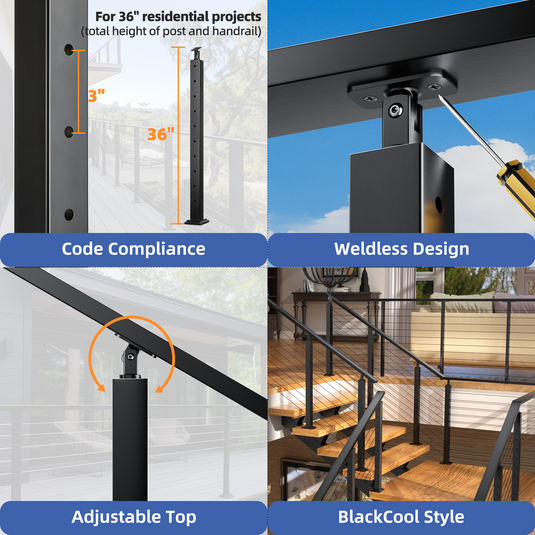 Fulifix Cable Railing Level Post, 36"x2"x2" Pre-Drilled, Adjustable Top, T316 Stainless Steel Black Post for Deck Railing System, SP01