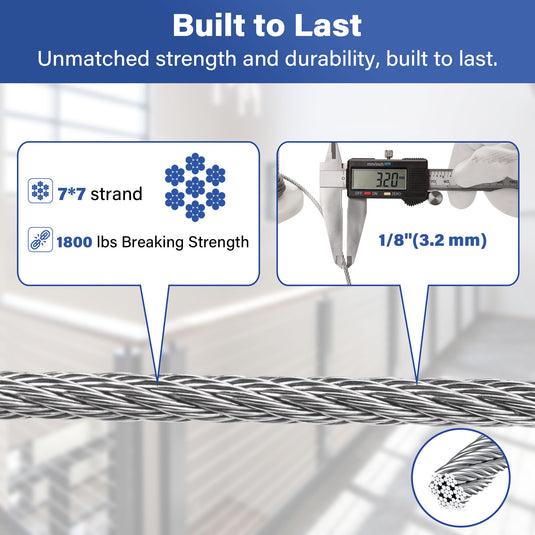 Fulifix 1/8" Stainless Steel Cable, 1,000 ft T316 Railing Wire Rope, 1,950 lb Breaking Strength, 7 x 7 Strands, Cable Railing with Cutter, Model GS