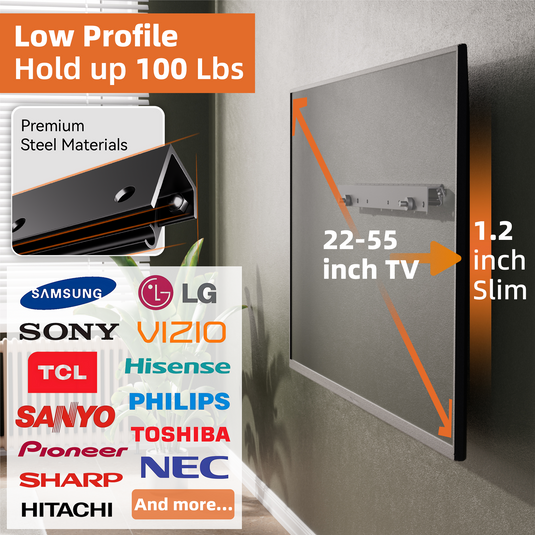 Studless TV Wall Mount for Most 22-55 Inch TVs up to 100 lbs, No Stud TV Mount, Drywall TV Bracket with Max VESA 400x400mm, No Drill, Easy Install, Low Profile