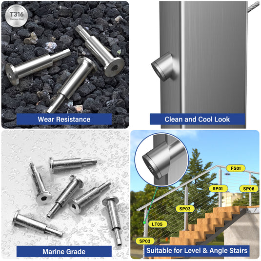 Fulifix 1/8" Cable Railing Tensioner, 20 Pack Invisible Cable Railing Kit, T316 SS Swage Fittings for 2" x 2" 4" x 4" Wood Metal Post, Model LT05