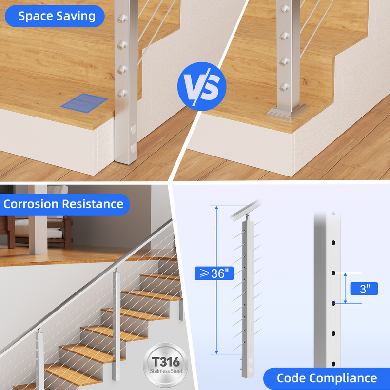 Load image into Gallery viewer, Fulifix Cable Railing Post, Side Mount Stair Post for Right-Side Upstairs, 38&quot; x 2&quot; x 2&quot;, T316 SS Railing Posts for Staircase, Model SP05
