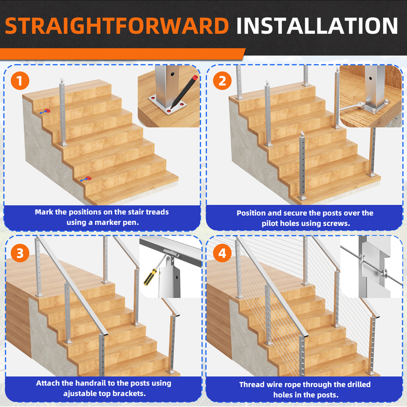 Load image into Gallery viewer, Fulifix Cable Railing Post, 4 Pack Railing Stair Post, 36&quot; x 2&quot; x 2&quot;, Adjustable Top Mount, T316 SS Railing Post for Staircase, Model SP03
