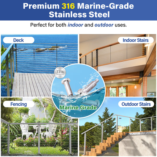 Fulifix 1/8" Cable Railing Tensioner, 20 Pack Invisible Cable Railing Kit, T316 SS Swage Fittings for 2" x 2" 4" x 4" Wood Metal Post, Model LT05