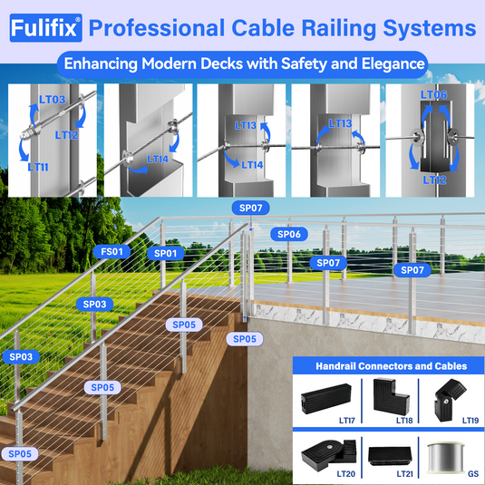 Fulifix Cable Railing Post, Side Mount Stair Post for Right-Side Upstairs, 38" x 2" x 2", T316 SS Railing Posts for Staircase, Model SP05