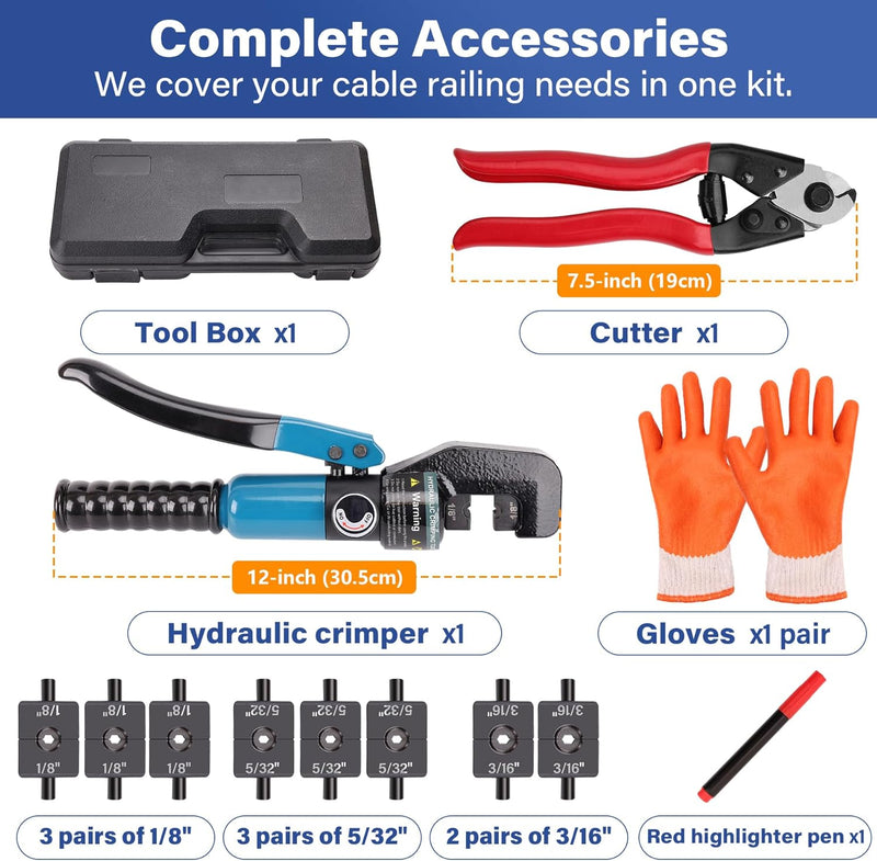 Load image into Gallery viewer, Cable Railing Crimping Tool, 6-Ton (60 KN) Hydraulic Crimper for 1/8&quot;, 3/16&quot;, 5/32&quot; Stainless Steel Cable Railing Fittings Kit, with Cutter, GJ03
