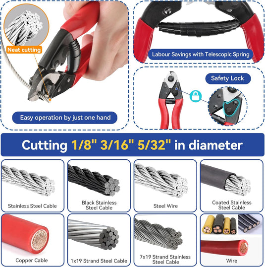 Cable Railing Crimping Tool, 6-Ton (60 KN) Hydraulic Crimper for 1/8", 3/16", 5/32" Stainless Steel Cable Railing Fittings Kit, with Cutter, GJ03