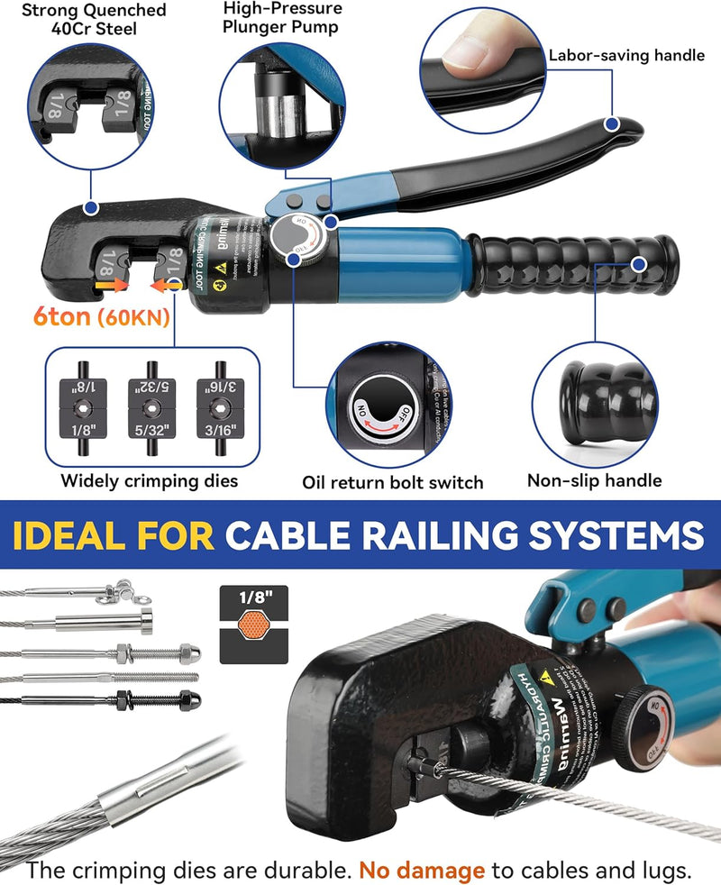 Load image into Gallery viewer, Cable Railing Crimping Tool, 6-Ton (60 KN) Hydraulic Crimper for 1/8&quot;, 3/16&quot;, 5/32&quot; Stainless Steel Cable Railing Fittings Kit, with Cutter, GJ03
