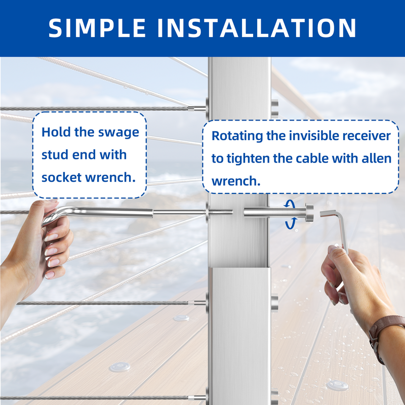 Load image into Gallery viewer, Fulifix 1/8&quot; Cable Railing Tensioner, 10 Pairs Invisible Cable Railing Kit, T316 SS Swage Railing for 2&quot; x 2&quot; 4&quot; x 4&quot; Wood Metal Posts, Model LT02
