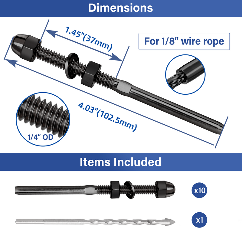 Load image into Gallery viewer, Swage Threaded Stud Tensioner for Cable Railing, 20Pack Black Terminal for 1/8&quot; Wire Rope, T316 SS Fitting Kit for 2 * 2&quot; Wood/Metal Post, LT11
