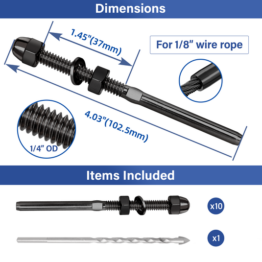 Swage Threaded Stud Tensioner for Cable Railing, 20Pack Black Terminal for 1/8" Wire Rope, T316 SS Fitting Kit for 2 * 2" Wood/Metal Post, LT11