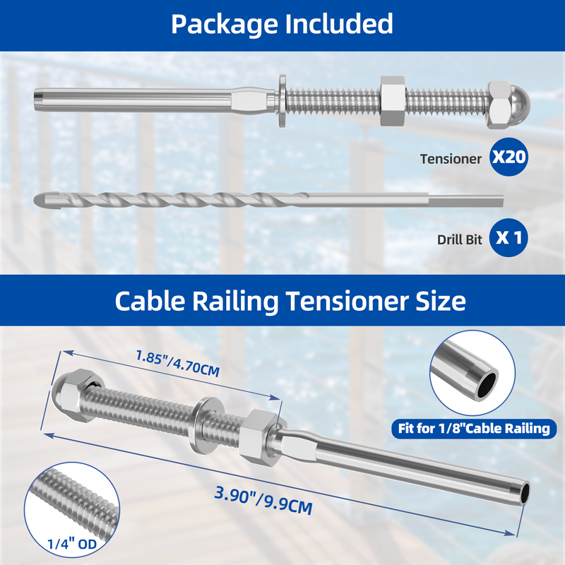 Load image into Gallery viewer, Fulifix 1/8&quot; Cable Railing Tensioner, 20 Pack Swage Threaded Stud Terminal, T316 SS Cable Railing Fittings for 2&quot; x 2&quot; Wood Metal Post, Model LT11
