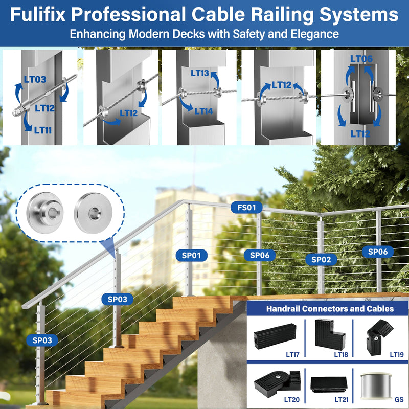 Load image into Gallery viewer, Fulifix 1/8&quot; Level Cable Railing Kit, 20 Pack Level Wheel Protector Sleeve, T316 SS Railing Kit for Metal Wooden Level Post, Model LT13
