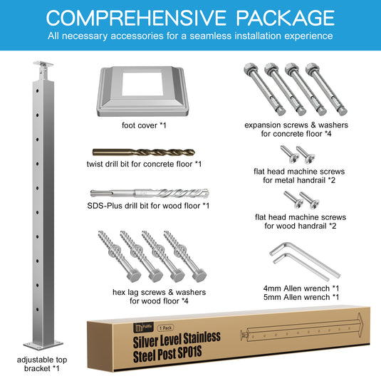 Fulifix Cable Railing Post, Level Drilled Railing Post, 36" x 2" x 2", Adjustable Top Mount, T316 SS Railing Post for Level Section, Model SP01