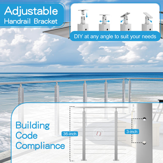 Fulifix Cable Railing Post, Level Drilled Railing Post, 36" x 2" x 2", Adjustable Top Mount, T316 SS Railing Post for Level Section, Model SP01