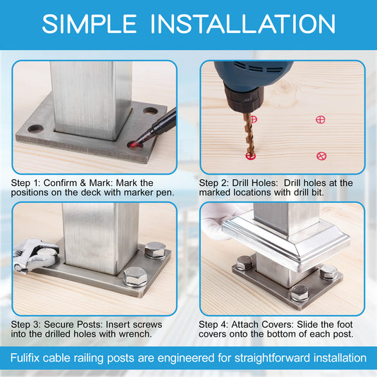 Fulifix Cable Railing Post, Level Drilled Railing Post, 36" x 2" x 2", Adjustable Top Mount, T316 SS Railing Post for Level Section, Model SP01