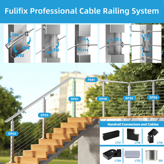 Fulifix Cable Railing Post, Level Drilled Railing Post, 36" x 2" x 2", Adjustable Top Mount, T316 SS Railing Post for Level Section, Model SP01