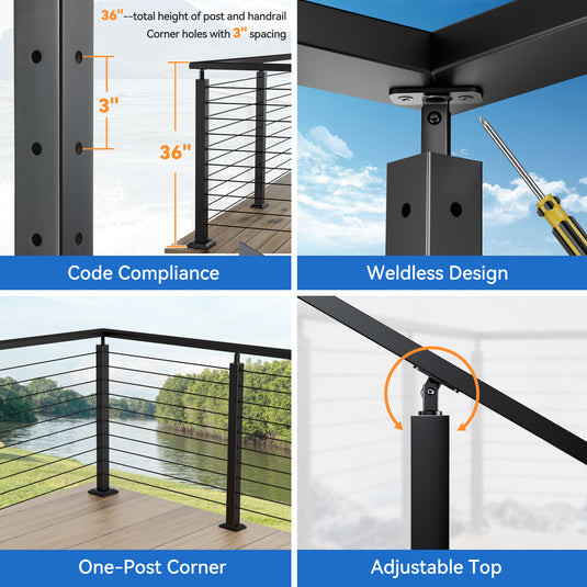 Fulifix Cable Railing Corner Post, 36"x2"x2", L-Shaped Pre-Drilled, T316 Stainless Steel Black Level One-Post Corner for Deck Railing System, SP02