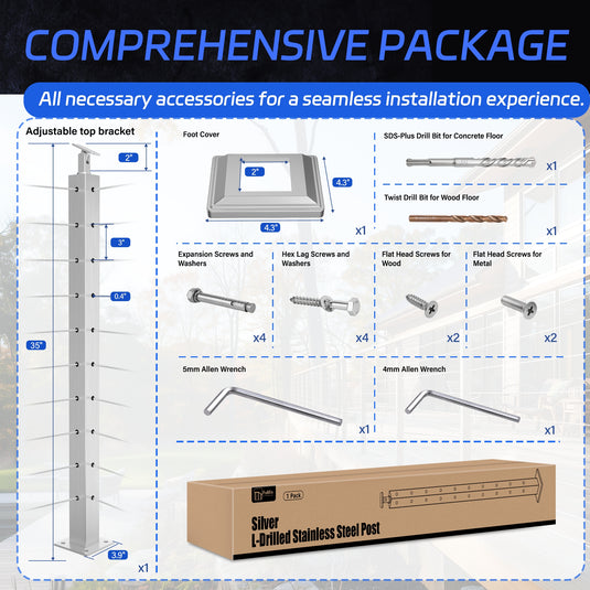Fulifix Cable Railing Post, Corner Drilled Railing Post, 36" x 2" x 2", Adjustable Top Mount, T316 SS Railing Post for Corner Section, Model SP02