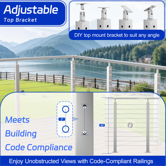 Fulifix Cable Railing Post, Corner Drilled Railing Post, 36" x 2" x 2", Adjustable Top Mount, T316 SS Railing Post for Corner Section, Model SP02