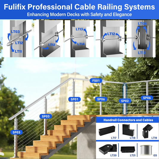 Fulifix Cable Railing Post, Corner Drilled Railing Post, 36" x 2" x 2", Adjustable Top Mount, T316 SS Railing Post for Corner Section, Model SP02