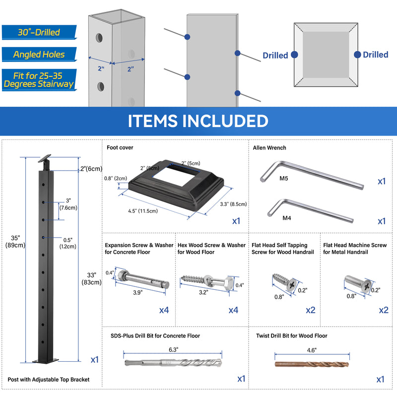 Load image into Gallery viewer, Fulifix Cable Railing Stair Post, 36&quot;x2&quot;x2&quot;, 30° Angled Hole, T316 Stainless Steel Black Post for 25-35 Degrees Stairway Deck Railing, SP03
